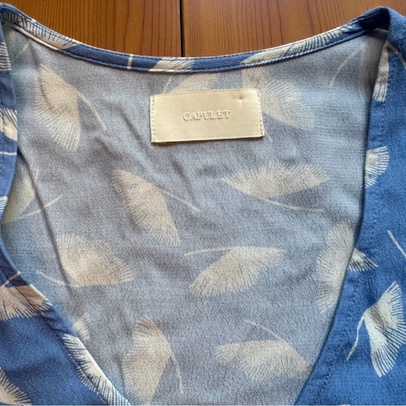 CAPULET “Mabel” Mini Dress – Ginkgo Blue Feather Leaf Print – Size Small - Picture 11 of 14